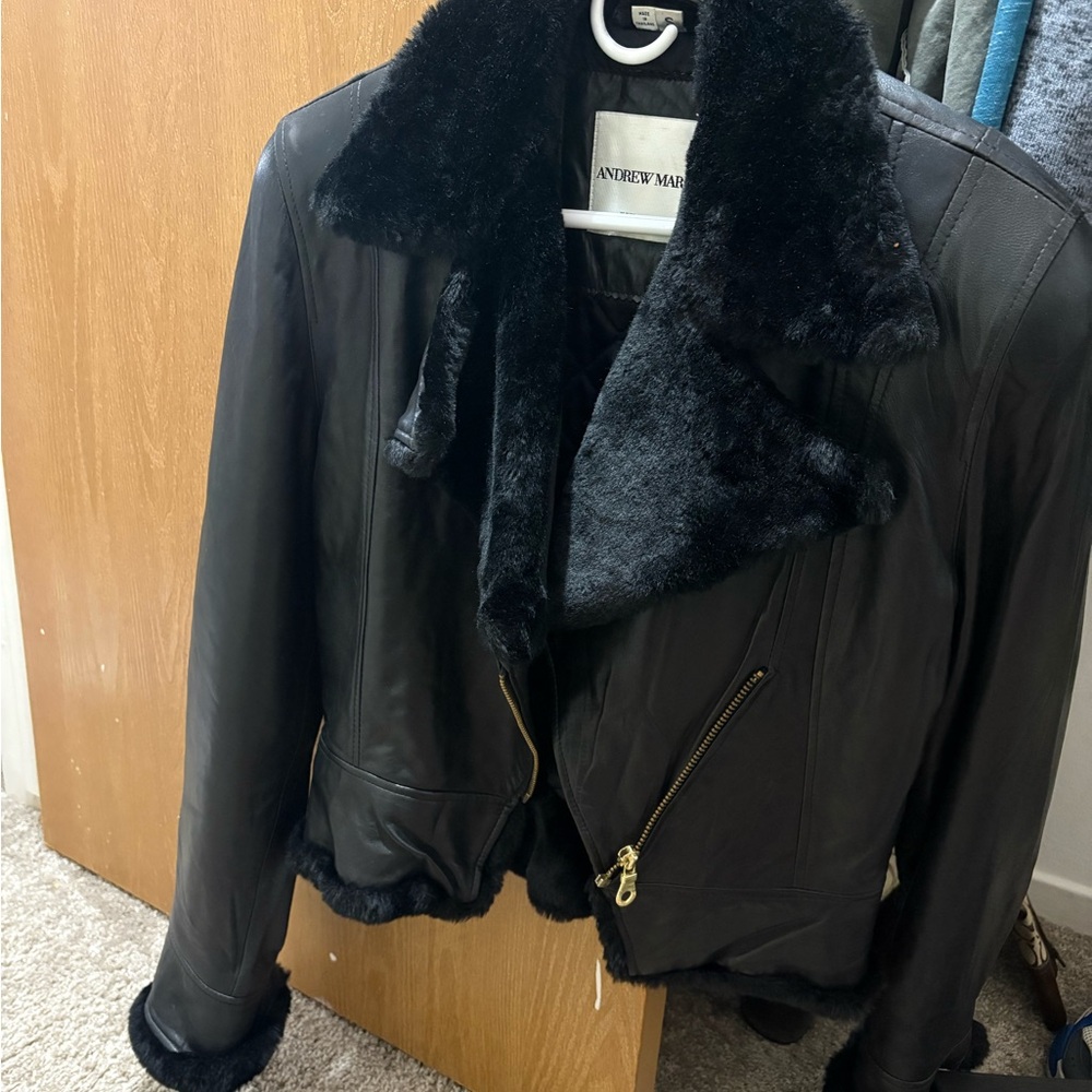 Andrew Marc Women's Black Leather Jacket with Fur Trim
